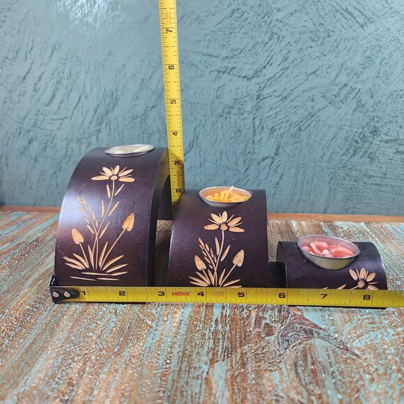 Boho Chic Wooden Floral Candle Holders Set/3 - Hand Carved Arch Tea Light Trio - Picture 9 of 10